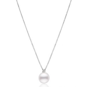 White gold necklace adorned with a dazzling diamond and exquisite round freshwater pearl